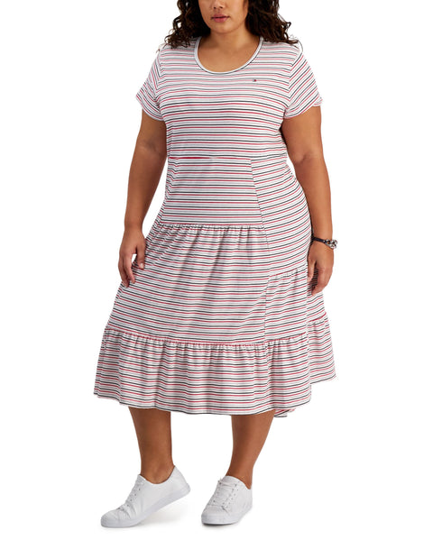 Tommy Hilfiger Plus Size Tiered Striped Midi Dress